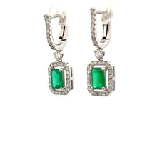 Load image into Gallery viewer, 14K white Gold Fine Columbian Emerald and Diamond Drop Earrings