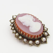Load image into Gallery viewer, Antique Victorian 14K Hardstone Cameo w/ Pearl Brooch / Pin