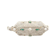 Load image into Gallery viewer, 14k Antique White Gold Filigree Diamond and Emerald Pin
