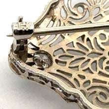 Load image into Gallery viewer, 14k Antique White Gold Filigree Diamond and Emerald Pin
