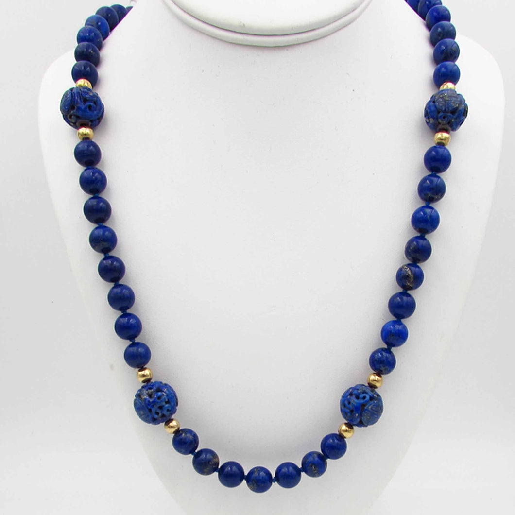 Vintage 14k Gold Carved Asian Lapis Beaded Bead Necklace