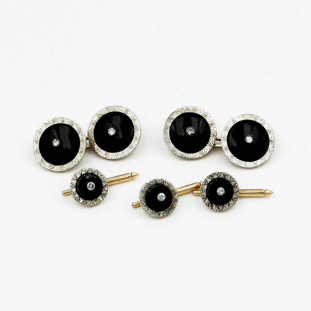 Antique Art Deco 14K Gold Onyx, Diamond Cufflink & Stud set Austria