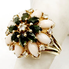 Load image into Gallery viewer, Vintage 14k Yellow Gold Diamond Tourmaline Angel Skin Coral Flower Ring
