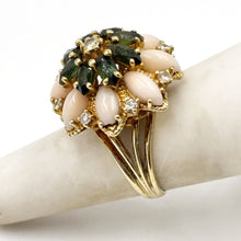 Load image into Gallery viewer, Vintage 14k Yellow Gold Diamond Tourmaline Angel Skin Coral Flower Ring
