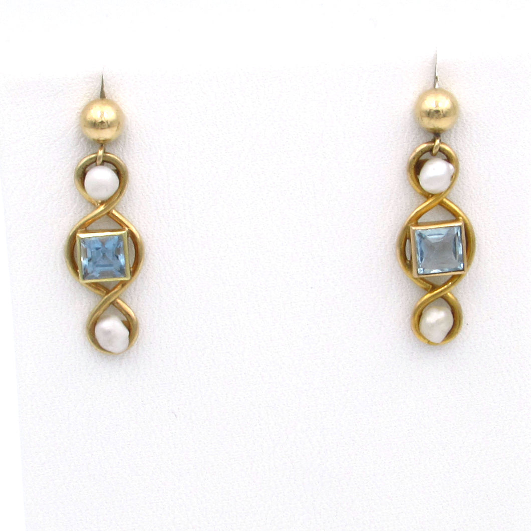 Antique 14K Aquamarine & Pearl Drop Earrings