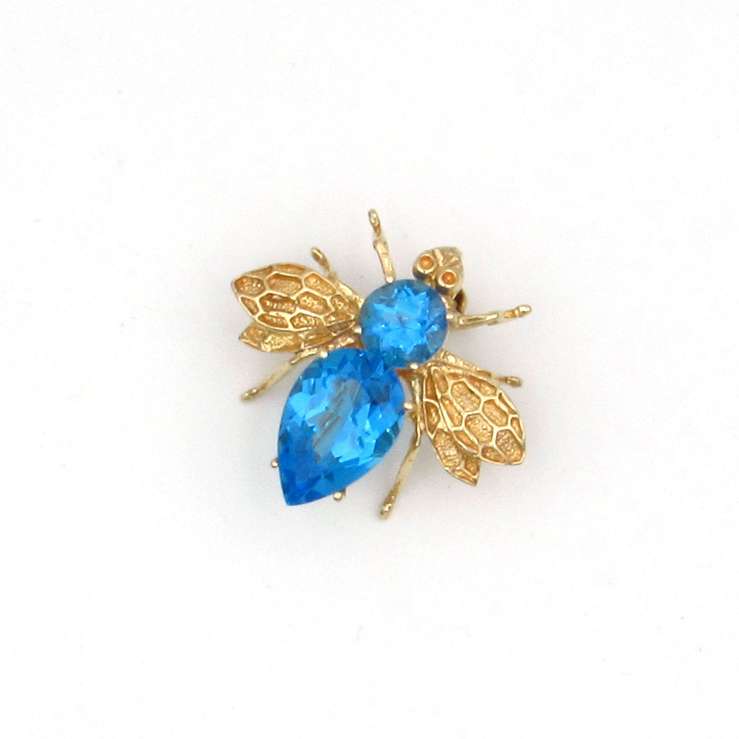 14K Yellow Gold Blue Topaz Bumble Bee Pin or Pendant 1