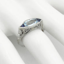 Load image into Gallery viewer, Antique 18K Filigree Aquamarine and Sapphire Ring
