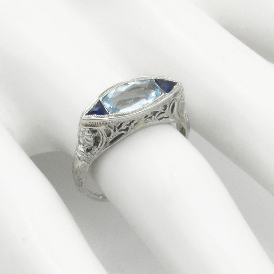 Antique 18K Filigree Aquamarine and Sapphire Ring