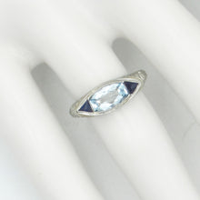 Load image into Gallery viewer, Antique 18K Filigree Aquamarine and Sapphire Ring
