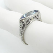 Load image into Gallery viewer, Antique 18K Filigree Aquamarine and Sapphire Ring
