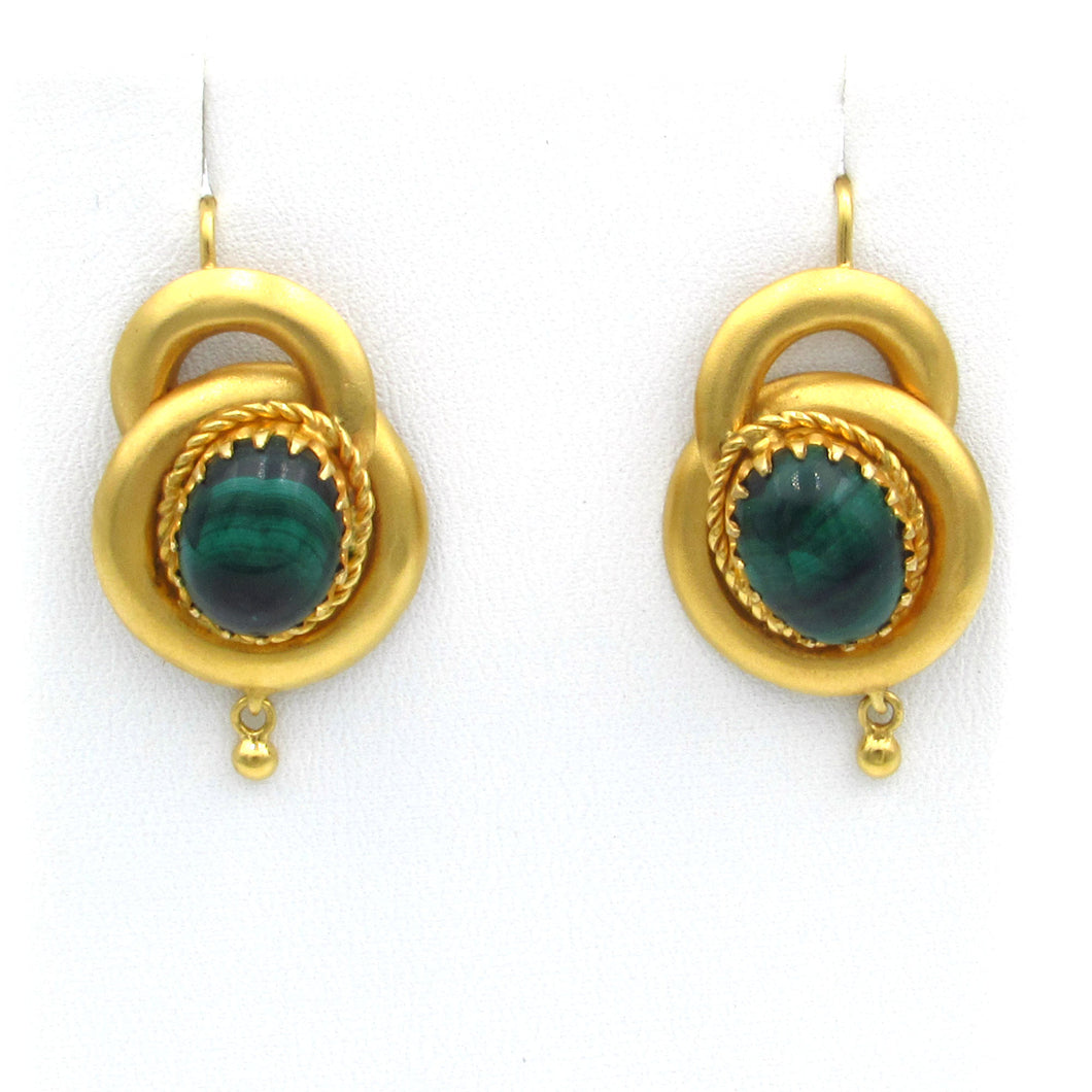 Antique Victorian 14K Yellow Gold Malachite Earrings