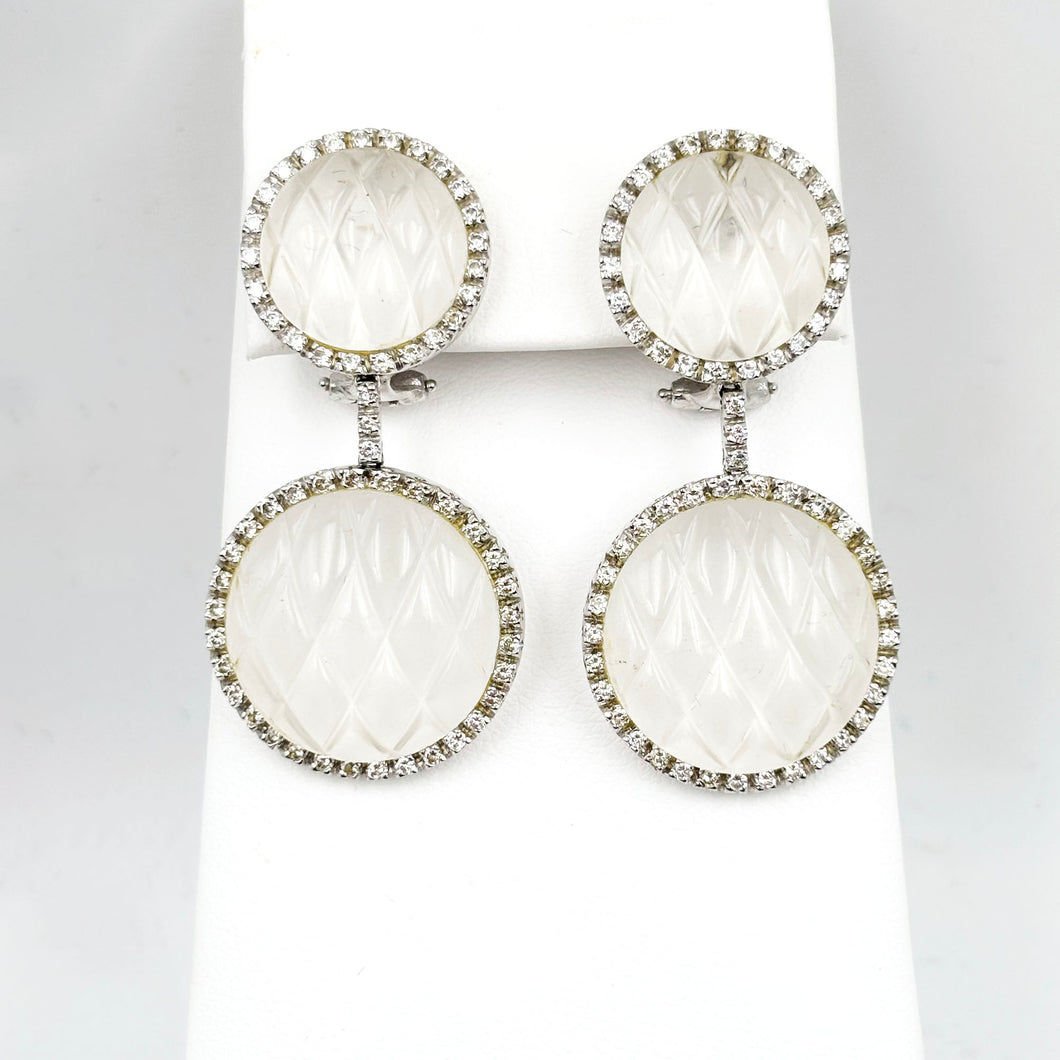 18k White Gold Carved Clear Quartz and Diamond Drop Earrings