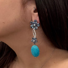 Load image into Gallery viewer, 18k White Gold Blue Topaz Diamond and Opal Flower Earrings
