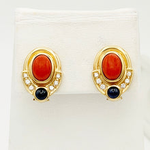 Load image into Gallery viewer, 18k Yellow Gold Sapphire Coral and Diamond Earrings
