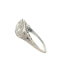 Load image into Gallery viewer, Antique Edwardian Platinum Three stone Diamond Filigree Ring
