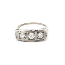 Load image into Gallery viewer, Antique Edwardian Platinum Three stone Diamond Filigree Ring
