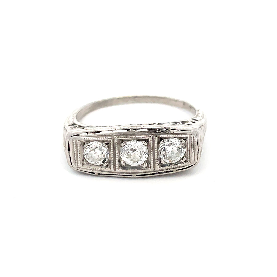 Antique Edwardian Platinum Three stone Diamond Filigree Ring