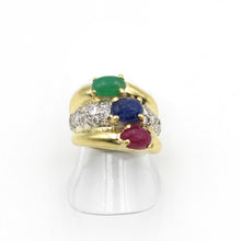 Load image into Gallery viewer, 18K Yellow Gold EMERALD RUBY SAPPHIRE &amp; Diamond Ring
