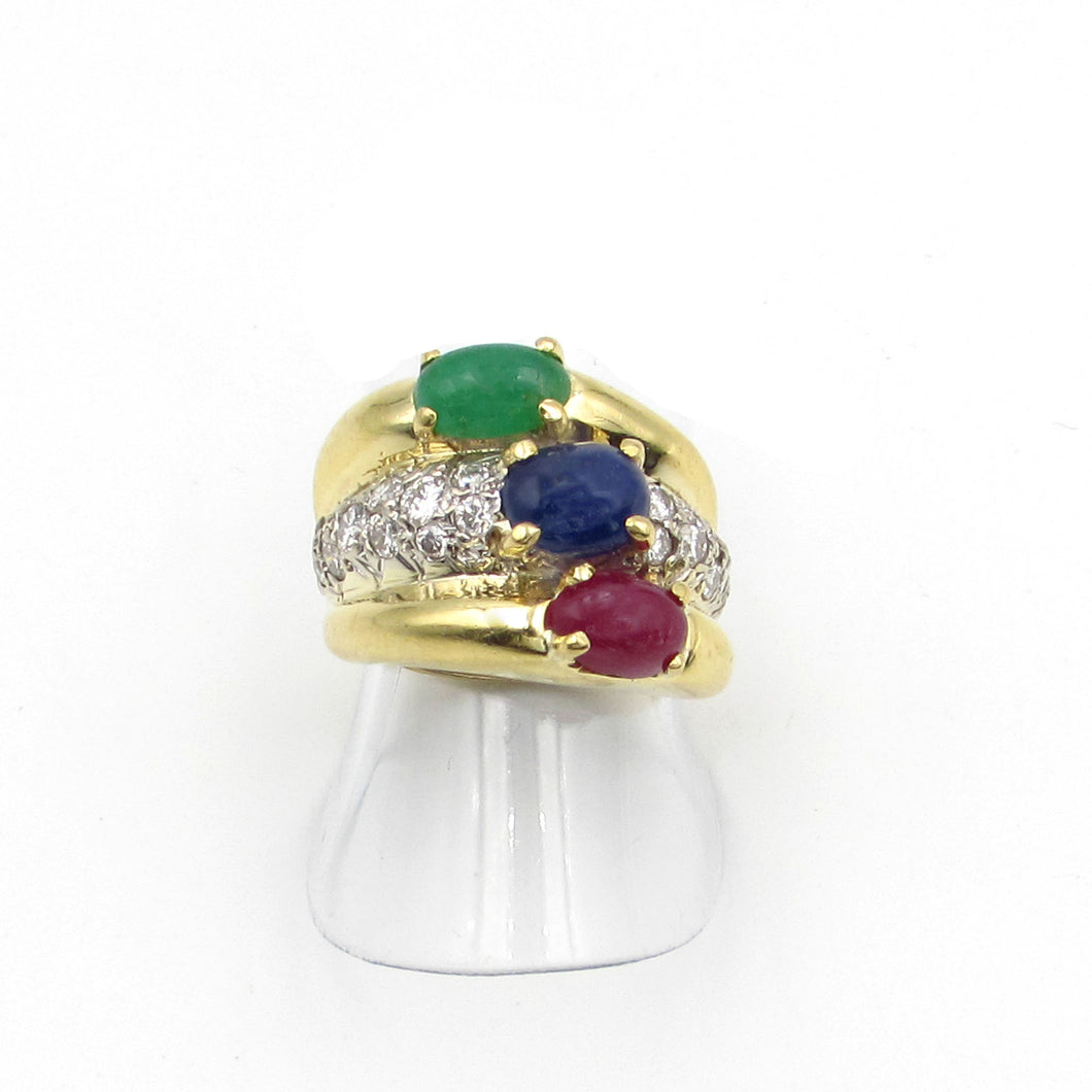 18K Yellow Gold EMERALD RUBY SAPPHIRE & Diamond Ring