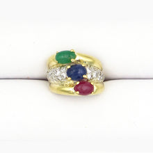 Load image into Gallery viewer, 18K Yellow Gold EMERALD RUBY SAPPHIRE &amp; Diamond Ring
