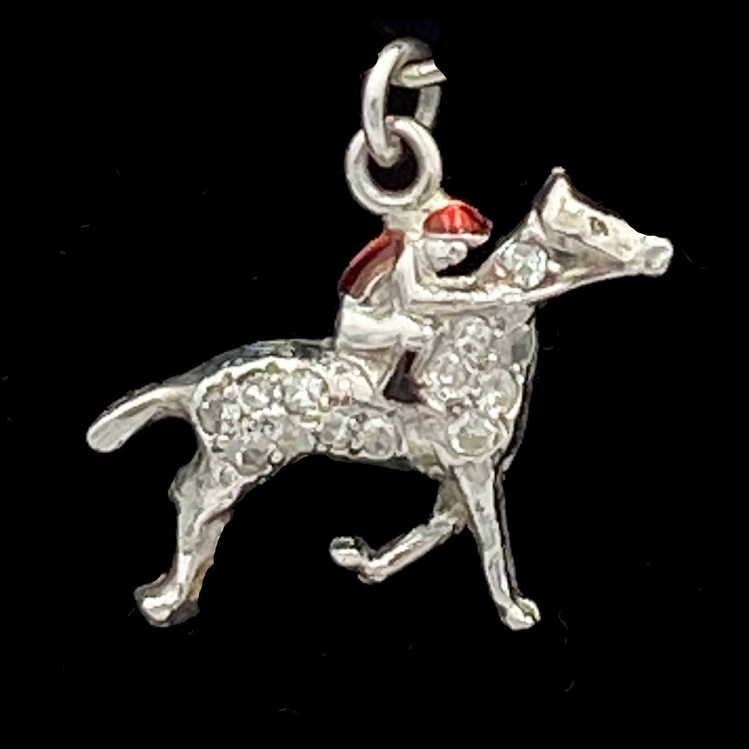 ART DECO Platinum Detailed Diamond Enamel HORSE Racing Charm