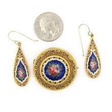 Load image into Gallery viewer, Antique Victorian 14K Yellow Gold ENAMEL Pin and Earrings in box
