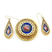 Load image into Gallery viewer, Antique Victorian 14K Yellow Gold ENAMEL Pin and Earrings in box
