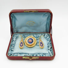 Load image into Gallery viewer, Antique Victorian 14K Yellow Gold ENAMEL Pin and Earrings in box
