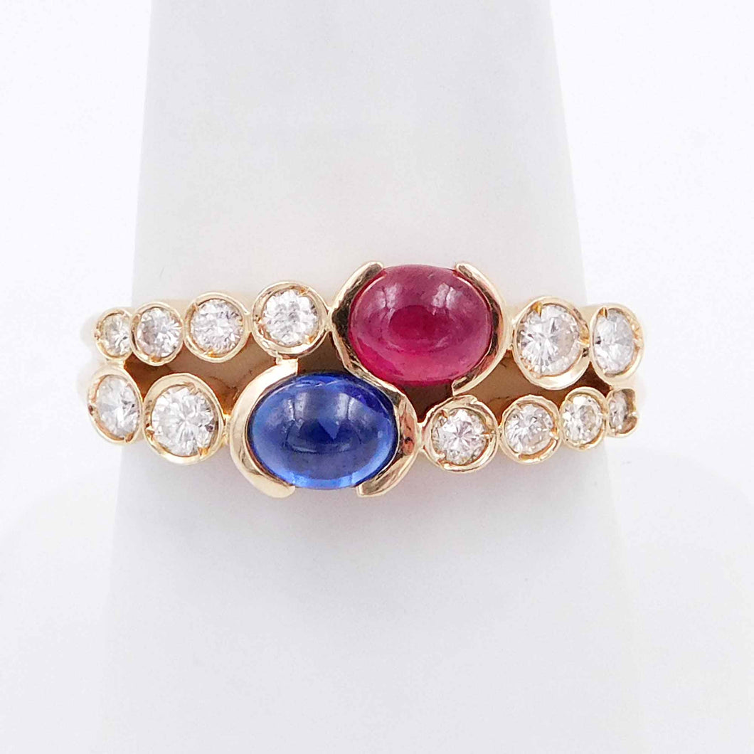 14k Yellow gold Cabochon Ruby Sapphire and Diamond Ring sz 8